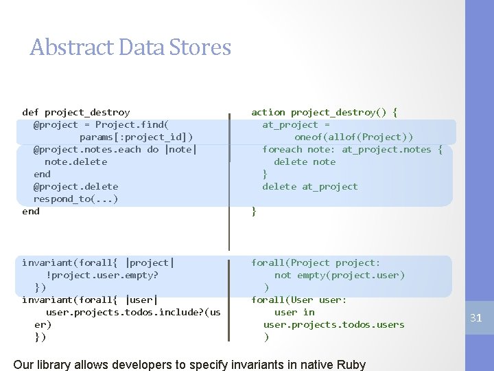 Abstract Data Stores def project_destroy @project = Project. find( params[: project_id]) @project. notes. each