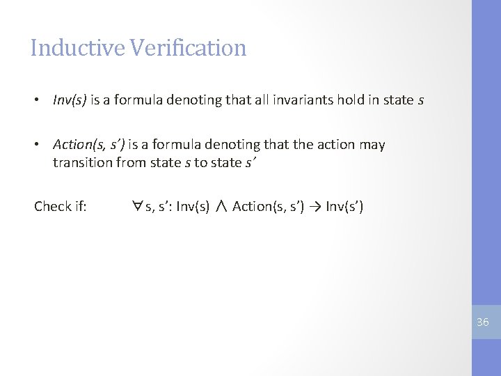 Inductive Verification • Inv(s) is a formula denoting that all invariants hold in state