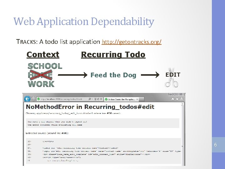 Web Application Dependability TRACKS: A todo list application http: //getontracks. org/ Context Recurring Todo