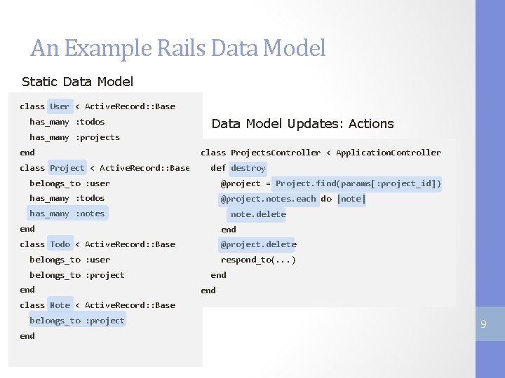 An Example Rails Data Model Static Data Model class User < Active. Record: :
