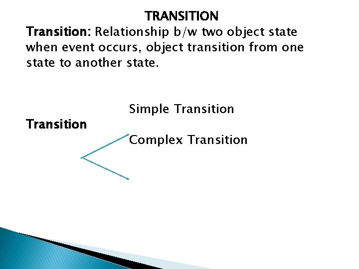 TRANSITION Transition: Relationship b/w two object state when event occurs, object transition from one