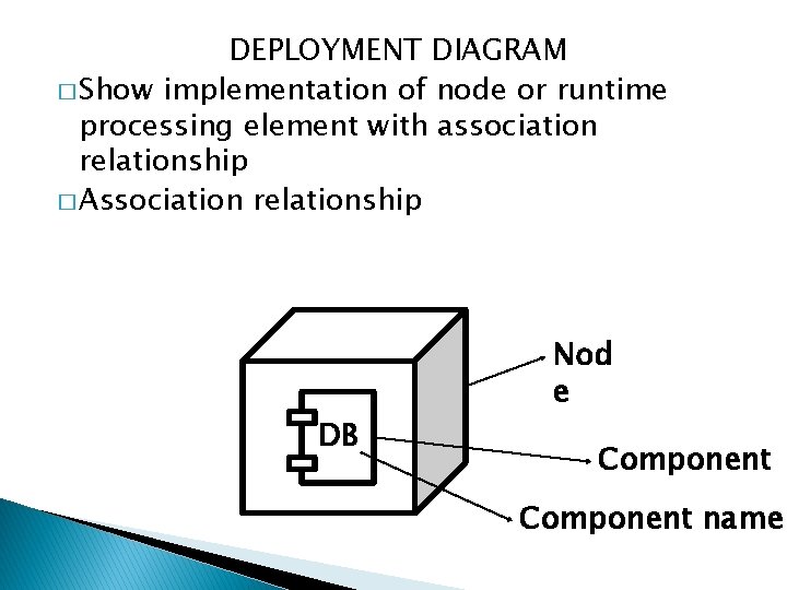 DEPLOYMENT DIAGRAM � Show implementation of node or runtime processing element with association relationship