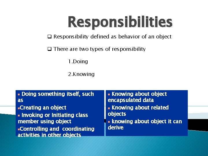 Responsibilities q Responsibility defined as behavior of an object q There are two types