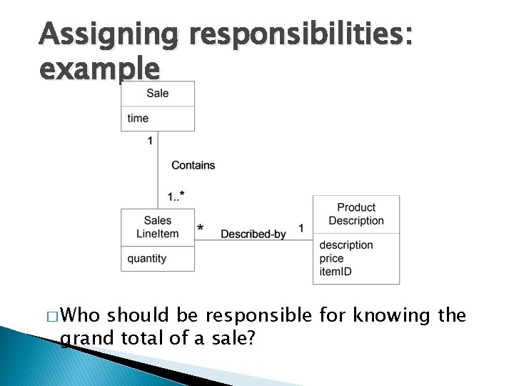 Assigning responsibilities: example � Who should be responsible for knowing the grand total of