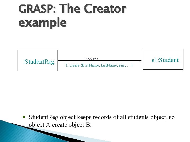 GRASP: The Creator example : Student. Reg records 1: create (first. Name, last. Name,