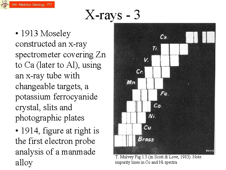 UW- Madison Geology 777 X-rays - 3 • 1913 Moseley constructed an x-ray spectrometer