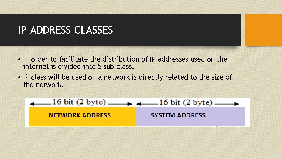 IP ADDRESS CLASSES • In order to facilitate the distribution of IP addresses used