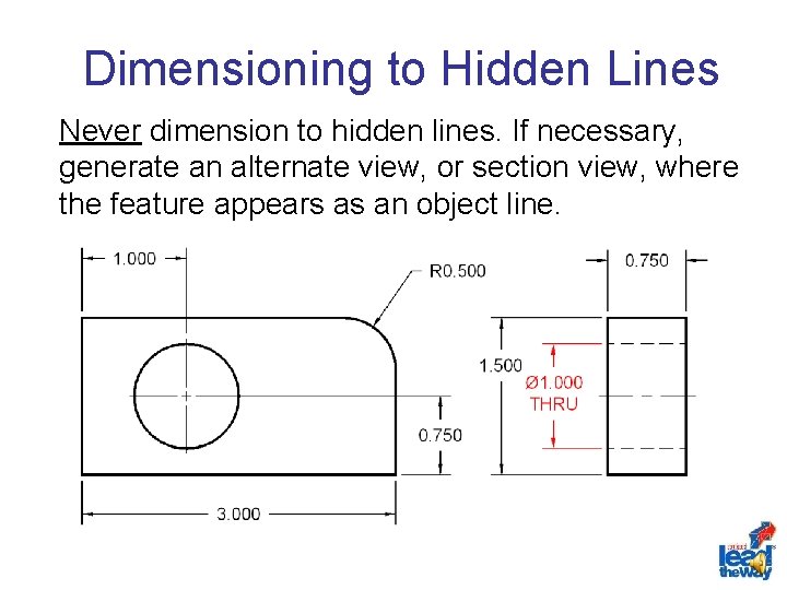 Dimensioning to Hidden Lines Never dimension to hidden lines. If necessary, generate an alternate