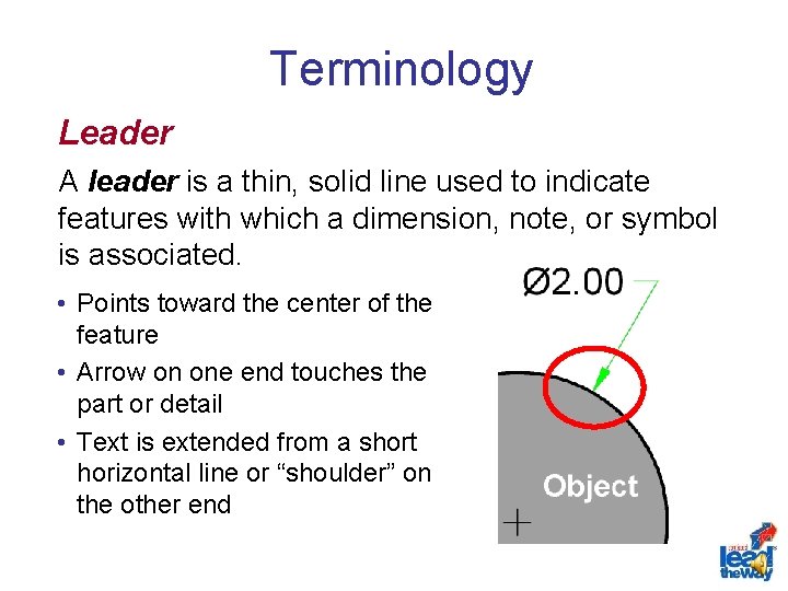 Terminology Leader A leader is a thin, solid line used to indicate features with
