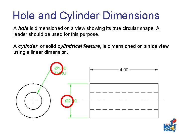 Hole and Cylinder Dimensions A hole is dimensioned on a view showing its true