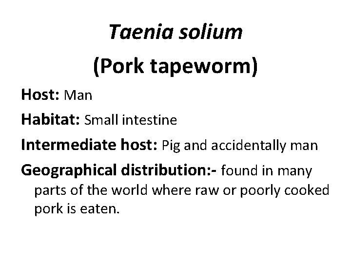 Taenia solium (Pork tapeworm) Host: Man Habitat: Small intestine Intermediate host: Pig and accidentally