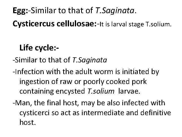 Egg: -Similar to that of T. Saginata. Cysticercus cellulosae: -It is larval stage T.