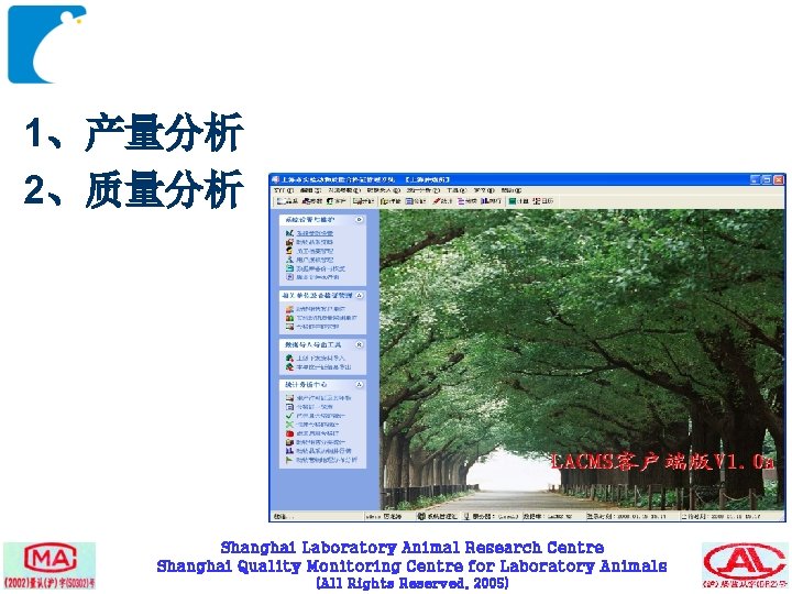 1、产量分析 2、质量分析 Shanghai Laboratory Animal Research Centre Shanghai Quality Monitoring Centre for Laboratory Animals