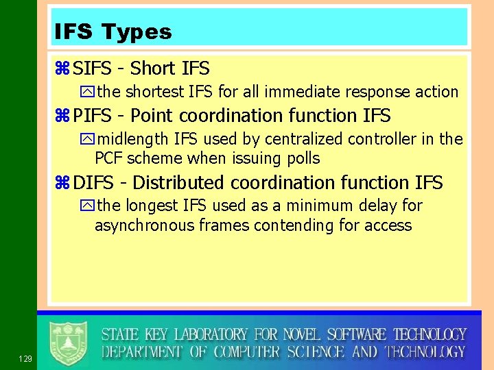 IFS Types z SIFS - Short IFS ythe shortest IFS for all immediate response