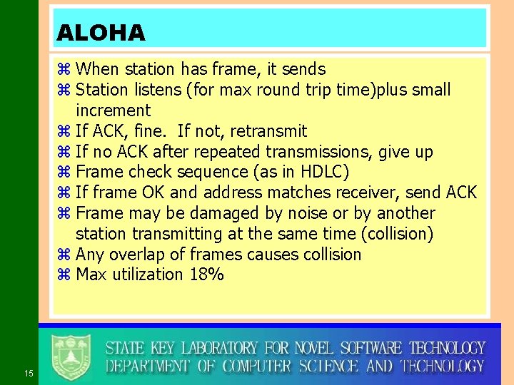 ALOHA z When station has frame, it sends z Station listens (for max round
