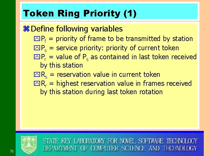 Token Ring Priority (1) z Define following variables y. Pf = priority of frame