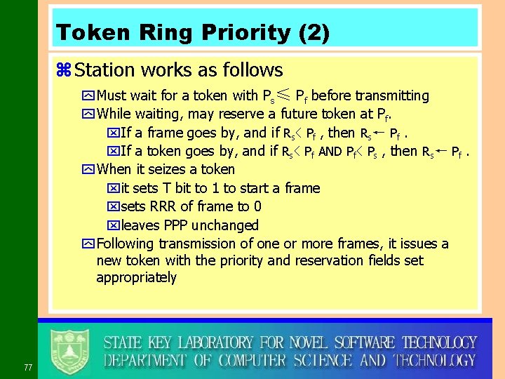 Token Ring Priority (2) z Station works as follows y Must wait for a