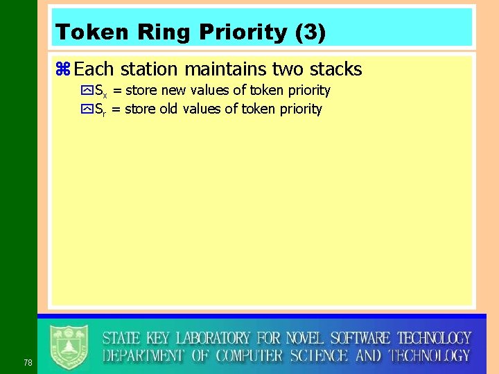 Token Ring Priority (3) z Each station maintains two stacks y Sx = store