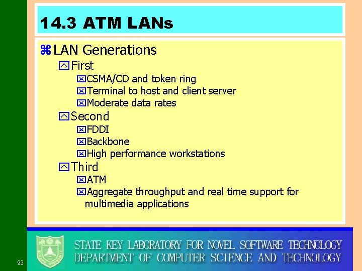14. 3 ATM LANs z LAN Generations y. First x. CSMA/CD and token ring
