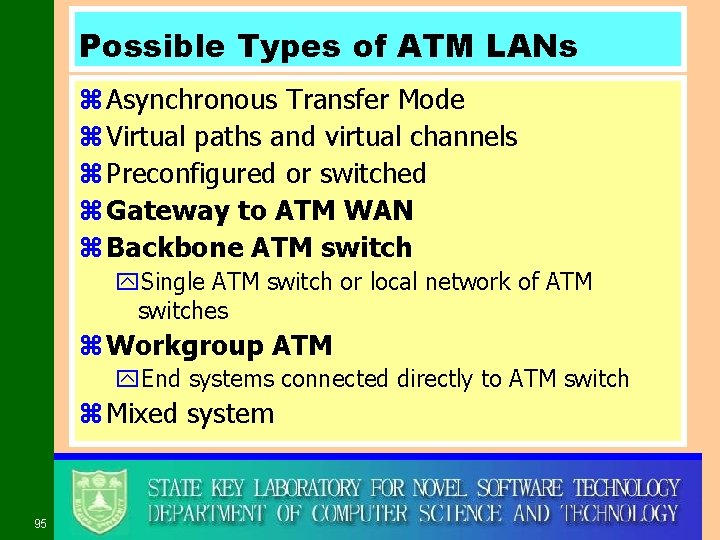 Possible Types of ATM LANs z Asynchronous Transfer Mode z Virtual paths and virtual