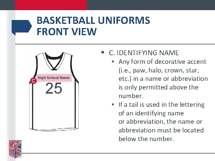 BASKETBALL UNIFORMS FRONT VIEW § C. IDENTIFYING NAME C High School Name 25 • BASKETBALL UNIFORMS FRONT VIEW § C. IDENTIFYING NAME C High School Name 25 •