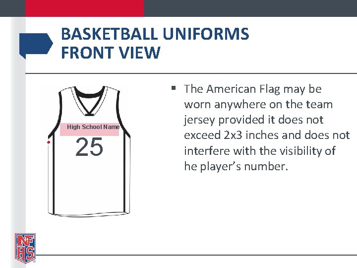 BASKETBALL UNIFORMS FRONT VIEW High School Name 25 § The American Flag may be