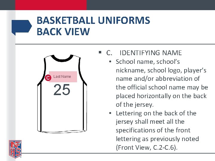 BASKETBALL UNIFORMS BACK VIEW § C. IDENTIFYING NAME C Last Name 25 • School