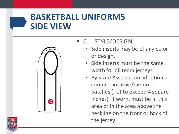 BASKETBALL UNIFORMS SIDE VIEW § C. STYLE/DESIGN C • Side inserts may be of BASKETBALL UNIFORMS SIDE VIEW § C. STYLE/DESIGN C • Side inserts may be of