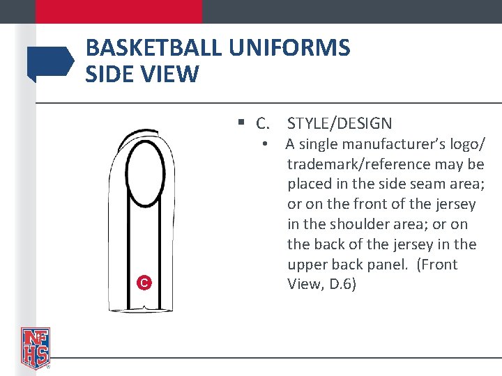 BASKETBALL UNIFORMS SIDE VIEW § C. STYLE/DESIGN • C A single manufacturer’s logo/ trademark/reference