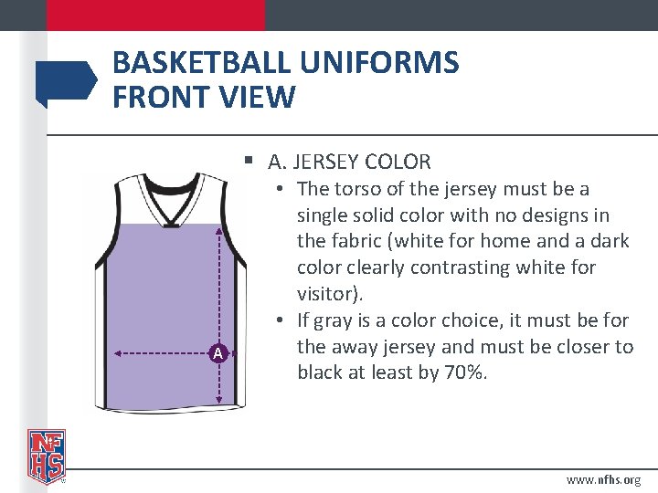 BASKETBALL UNIFORMS FRONT VIEW § A. JERSEY COLOR A • The torso of the