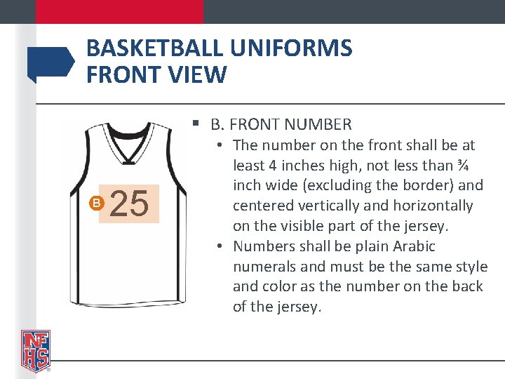 BASKETBALL UNIFORMS FRONT VIEW § B. FRONT NUMBER B 25 • The number on