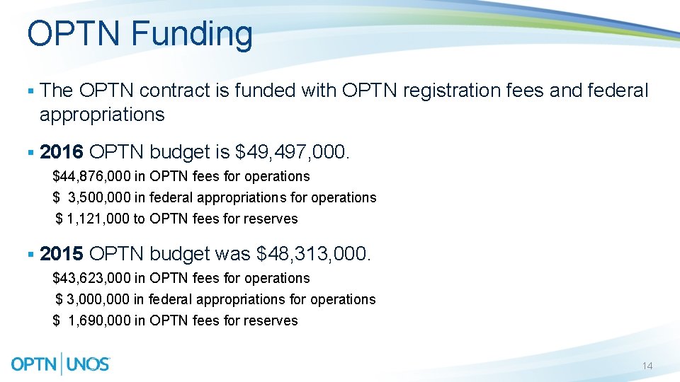 OPTN Funding § The OPTN contract is funded with OPTN registration fees and federal