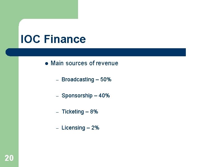 IOC Finance l 20 Main sources of revenue – Broadcasting – 50% – Sponsorship