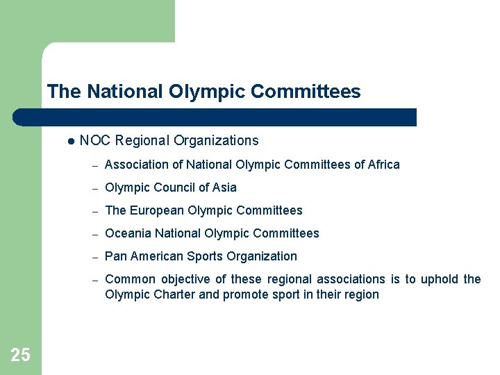 The National Olympic Committees l 25 NOC Regional Organizations – Association of National Olympic