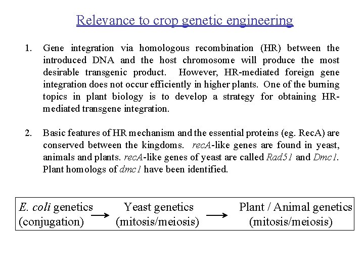 Relevance to crop genetic engineering 1. Gene integration via homologous recombination (HR) between the