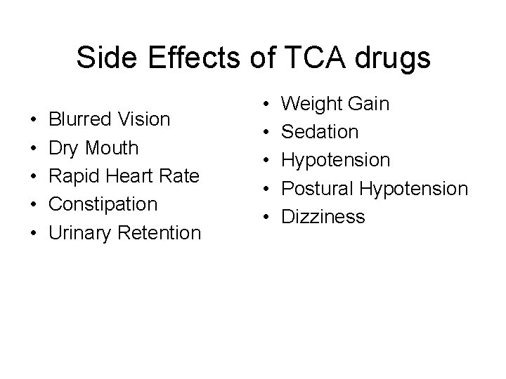 Side Effects of TCA drugs • • • Blurred Vision Dry Mouth Rapid Heart