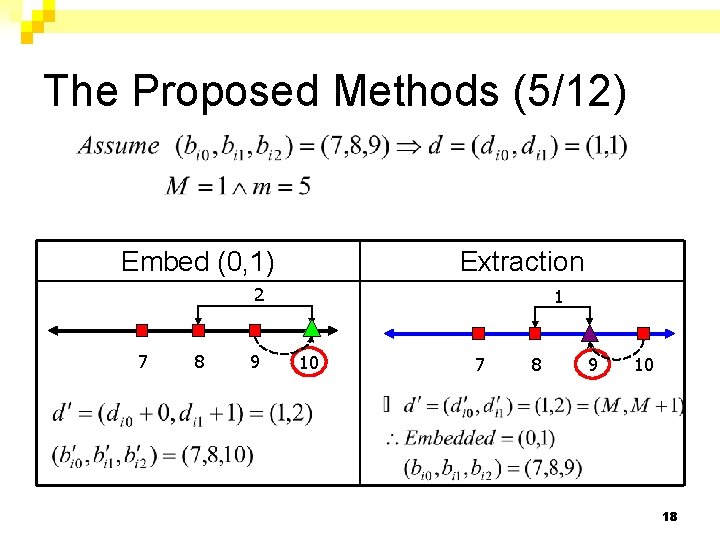 The Proposed Methods (5/12) Embed (0, 1) Extraction 2 7 8 9 1 10