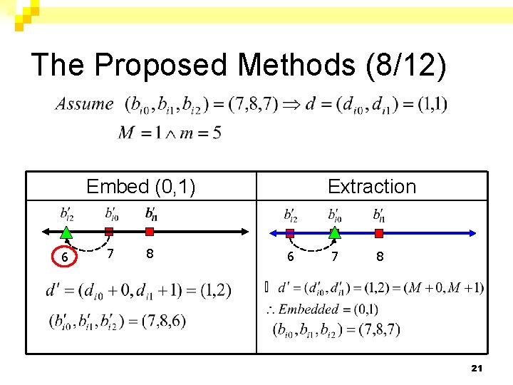 The Proposed Methods (8/12) Embed (0, 1) 6 7 8 Extraction 6 7 8