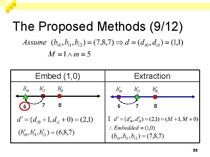 The Proposed Methods (9/12) Embed (1, 0) 6 7 8 Extraction 6 7 8
