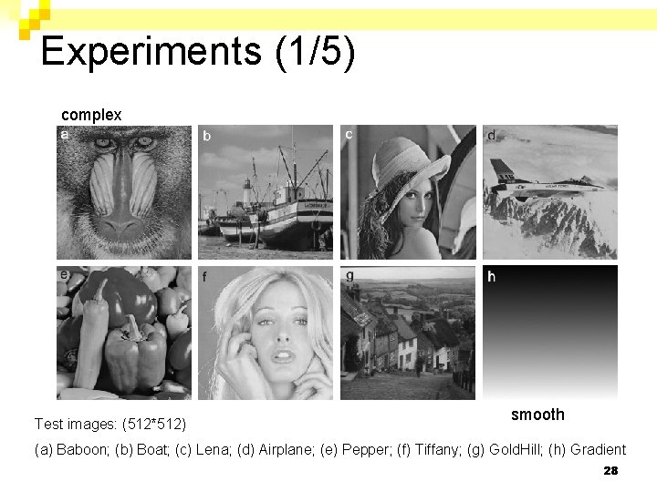 Experiments (1/5) complex Test images: (512*512) smooth (a) Baboon; (b) Boat; (c) Lena; (d)