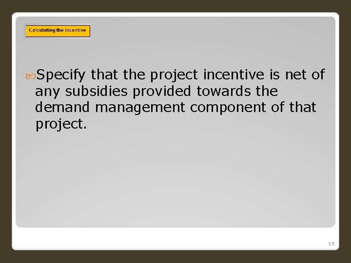  Specify that the project incentive is net of any subsidies provided towards the