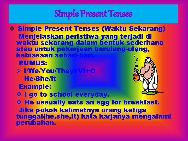 Simple Present Tenses v Simple Present Tenses (Waktu Sekarang) Menjelaskan peristiwa yang terjadi di