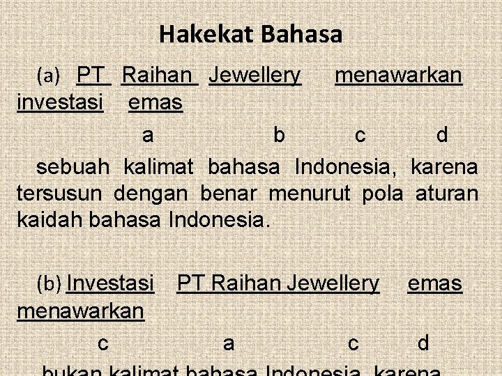 Hakekat Bahasa (a) PT Raihan Jewellery menawarkan investasi emas a b c d sebuah