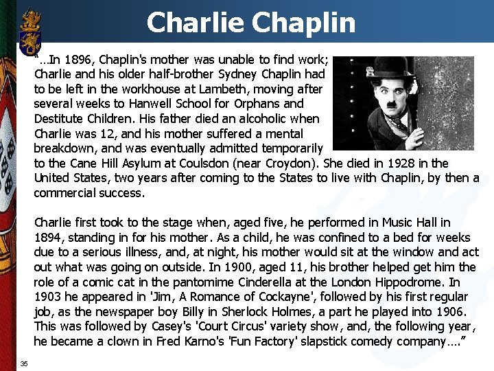 Charlie Chaplin “…In 1896, Chaplin's mother was unable to find work; Charlie and his