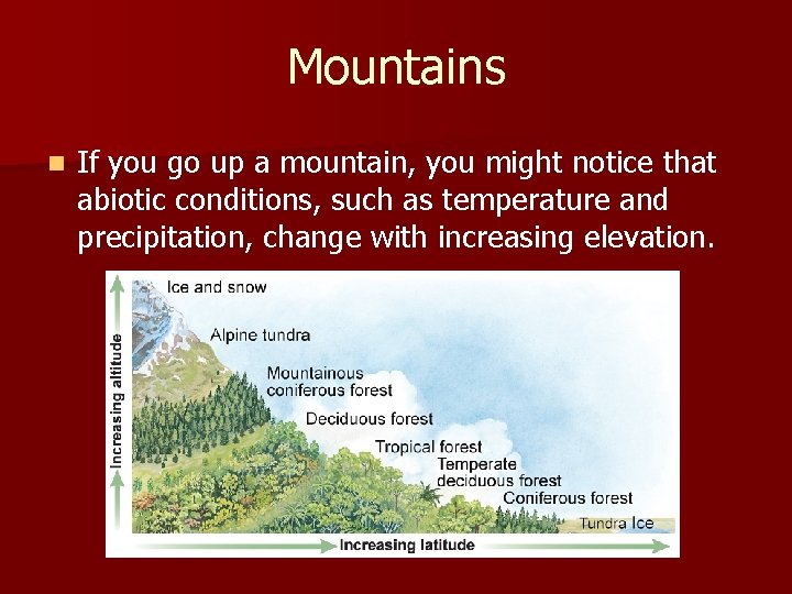 Mountains n If you go up a mountain, you might notice that abiotic conditions,