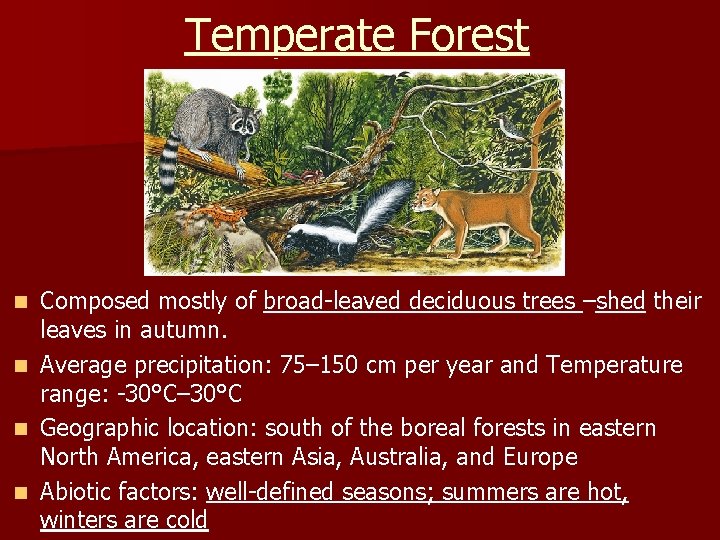 Temperate Forest Composed mostly of broad-leaved deciduous trees –shed their leaves in autumn. n