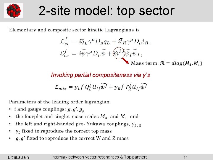 2 -site model: top sector • Invoking partial compositeness via y’s Bithika Jain Interplay