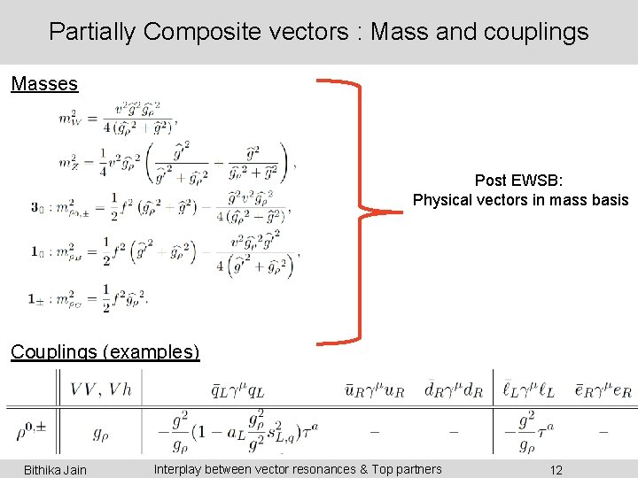 Partially Composite vectors : Mass and couplings Masses Post EWSB: Physical vectors in mass