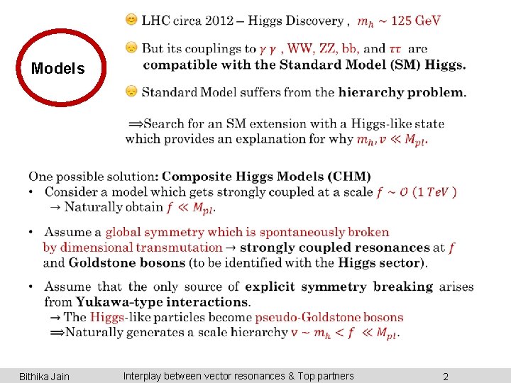  Models Bithika Jain Interplay between vector resonances & Top partners 2 