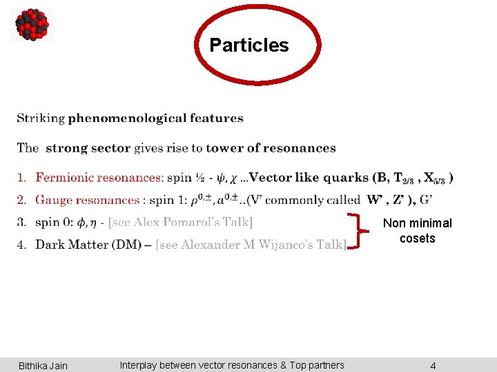  Particles Non minimal cosets Bithika Jain Interplay between vector resonances & Top partners